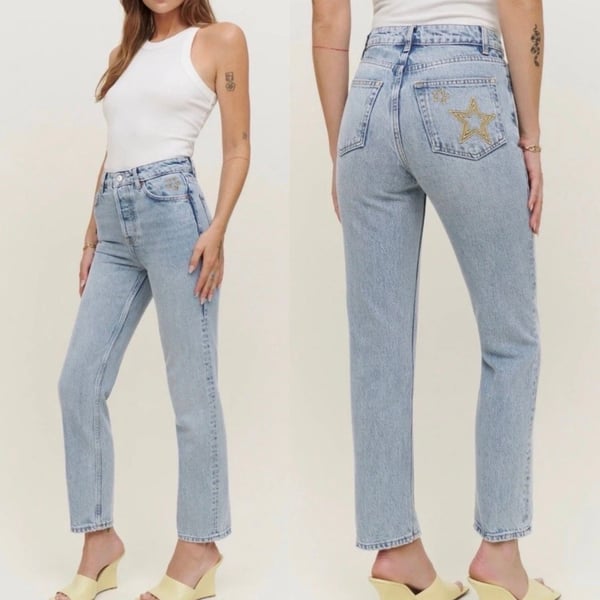 Reformation Cynthia High Rise Straight Jeans Size 27 Star Embroidered