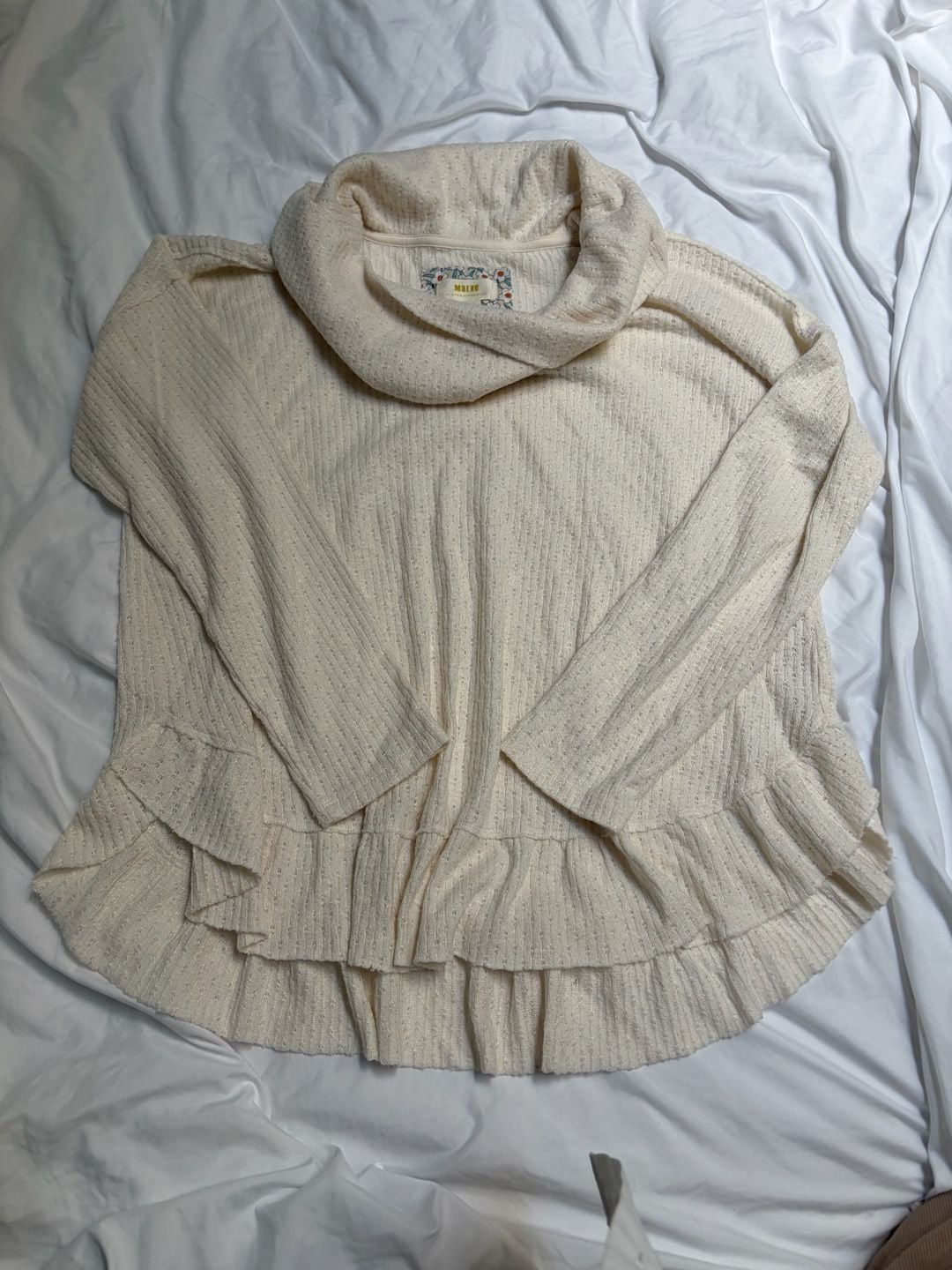 Maeve Addie Cowl Neck Hacci Pullover Size Medium Ivory Ruffled Hem 2