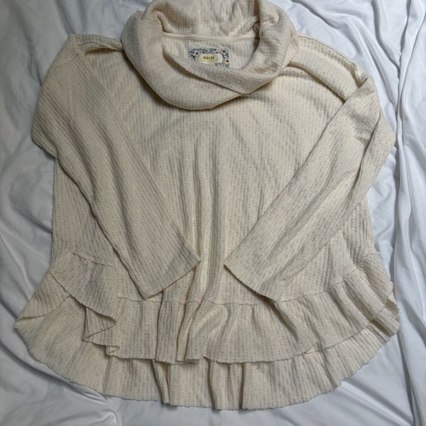 Maeve Addie Cowl Neck Hacci Pullover Size Medium Ivory Ruffled Hem