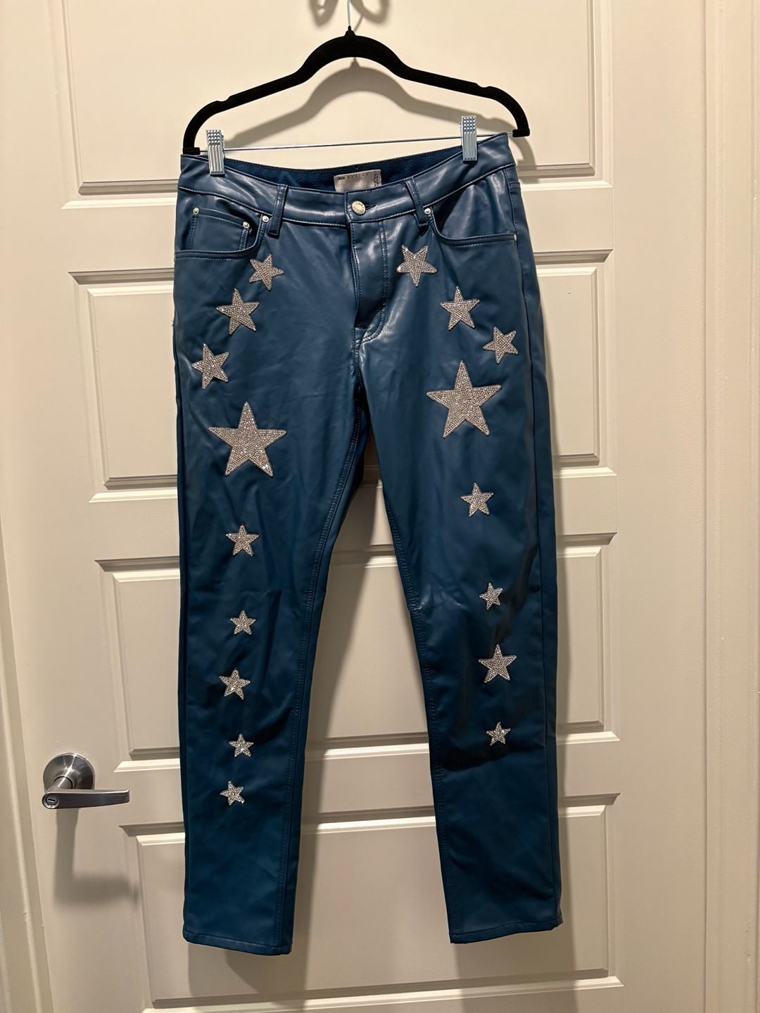 ASOS Design Faux Leather Pants Size 32x30 Blue Rhinestone Stars 2