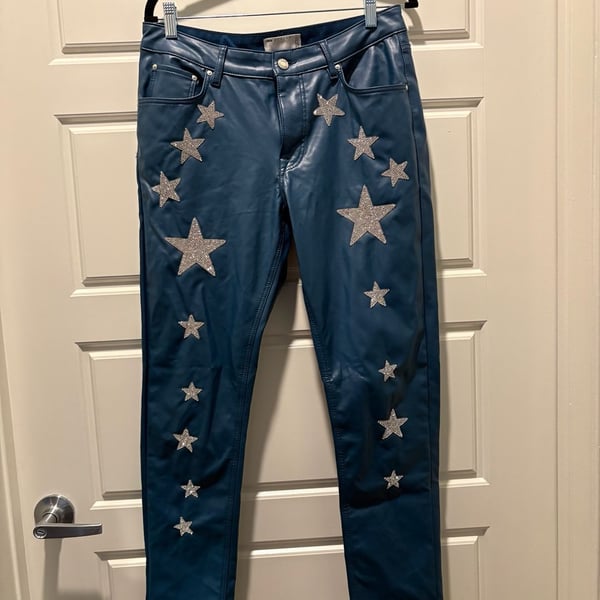 ASOS Design Faux Leather Pants Size 32x30 Blue Rhinestone Stars