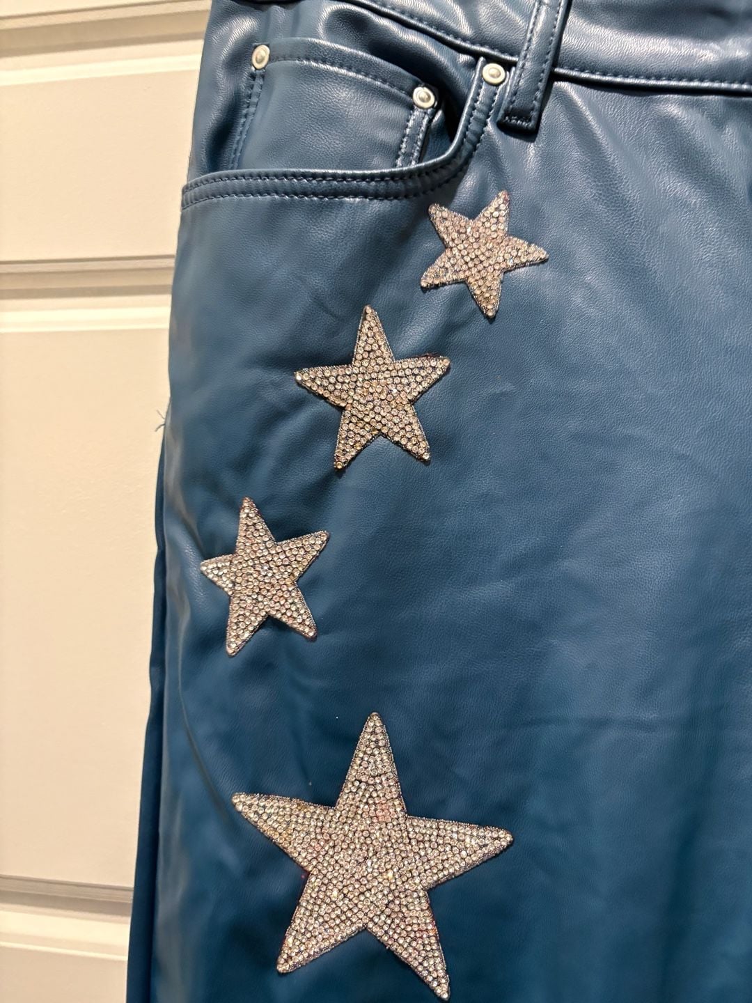 ASOS Design Faux Leather Pants Size 32x30 Blue Rhinestone Stars 3