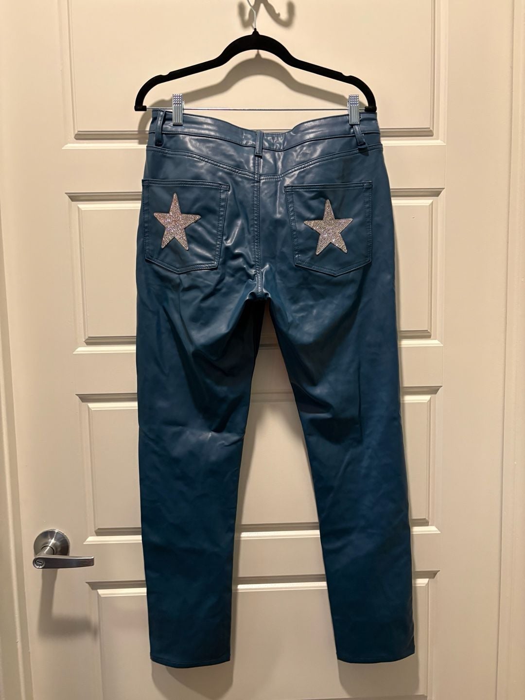 ASOS Design Faux Leather Pants Size 32x30 Blue Rhinestone Stars 4