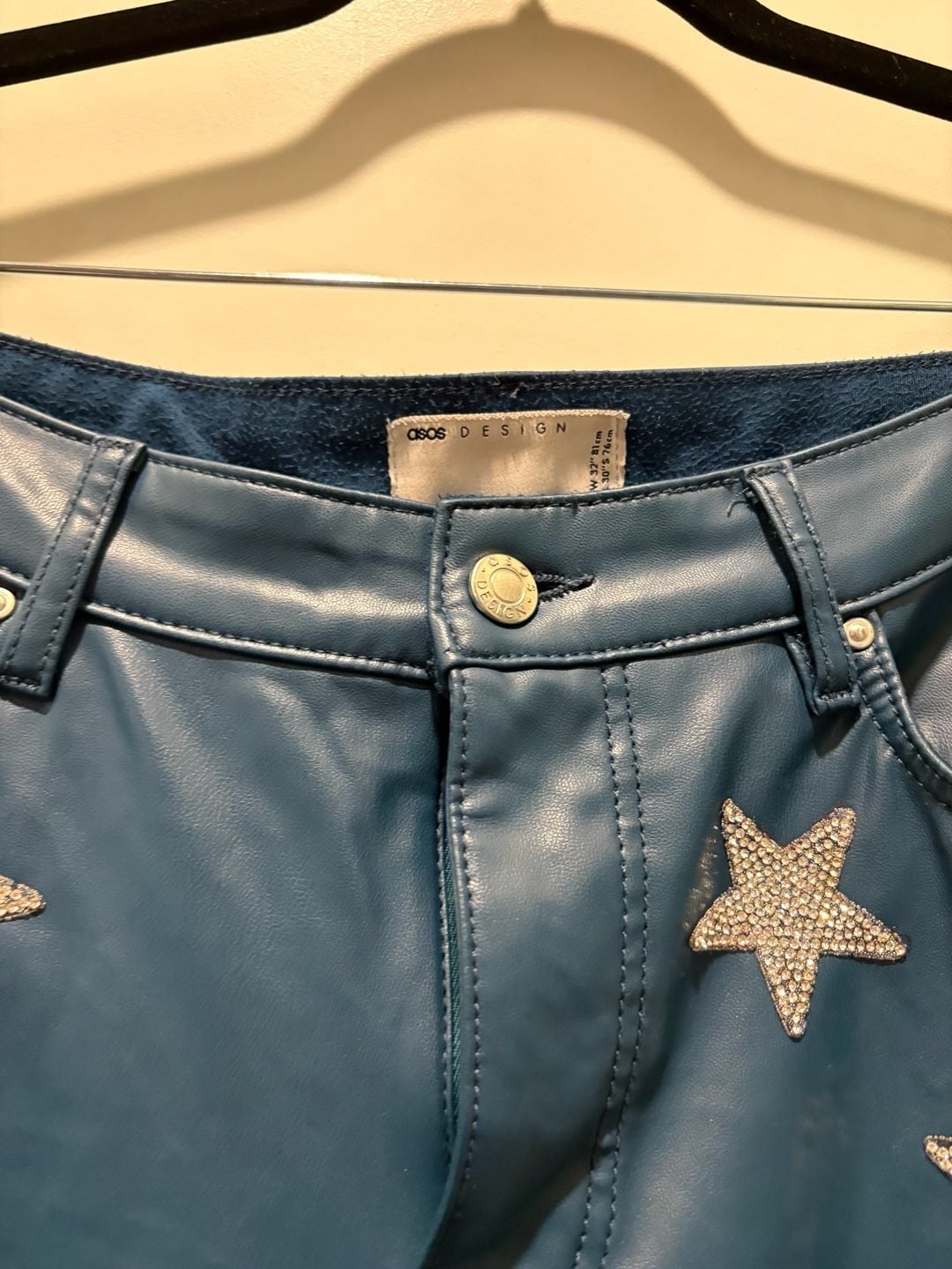 ASOS Design Faux Leather Pants Size 32x30 Blue Rhinestone Stars 7