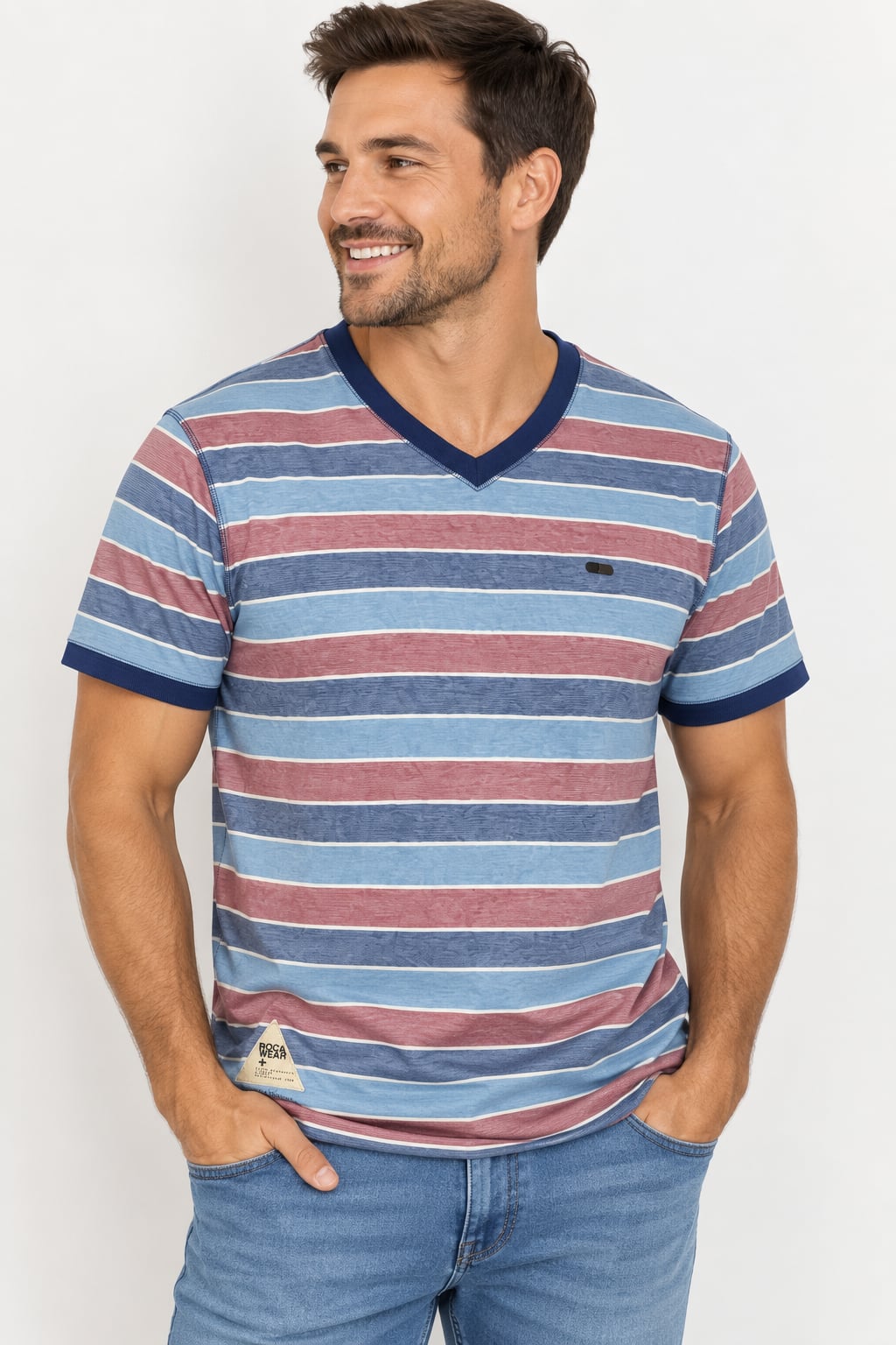 Rocawear Men’s 2XL Striped V-Neck T-Shirt Y2K Hip Hop Streetwear Cotton 3