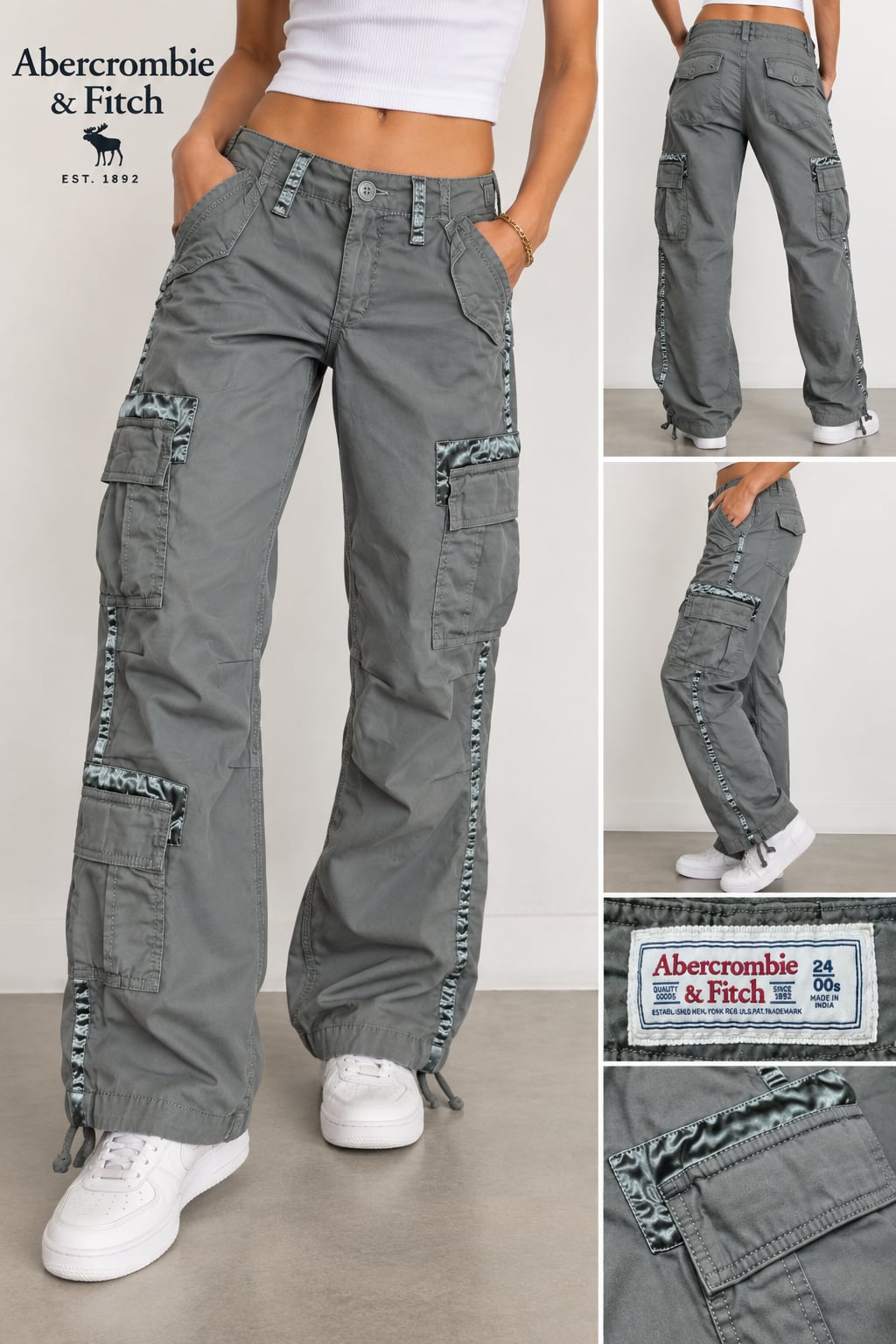 Y2K Abercrombie & Fitch Women’s 24 00S Cargo Pants Satin Trim Utility Green 5