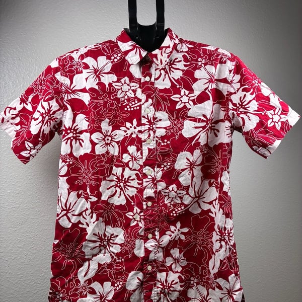 Cherokee Hawaiian Button Down Shirt Size XL 14/16 Red White Floral Aloha