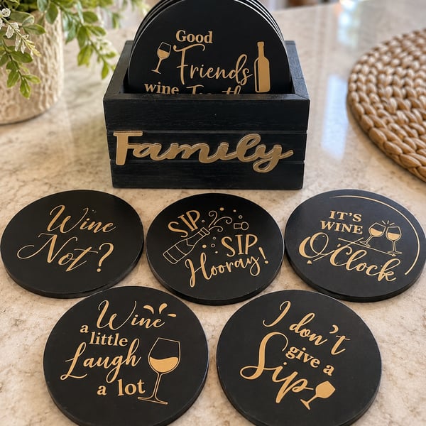 Queekay Wooden Farmhouse Drink Coasters Set of 6 with Holder