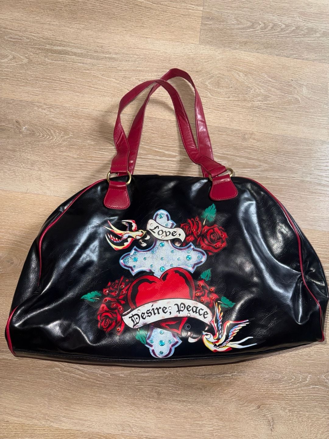 Vintage Black Red Tattoo Rose Cross Graphic Large Shoulder Tote Bag Y2K 2