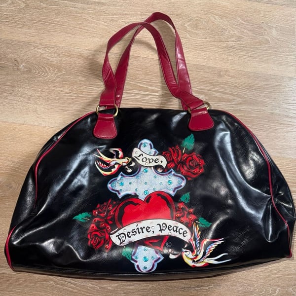 Vintage Black Red Tattoo Rose Cross Graphic Large Shoulder Tote Bag Y2K