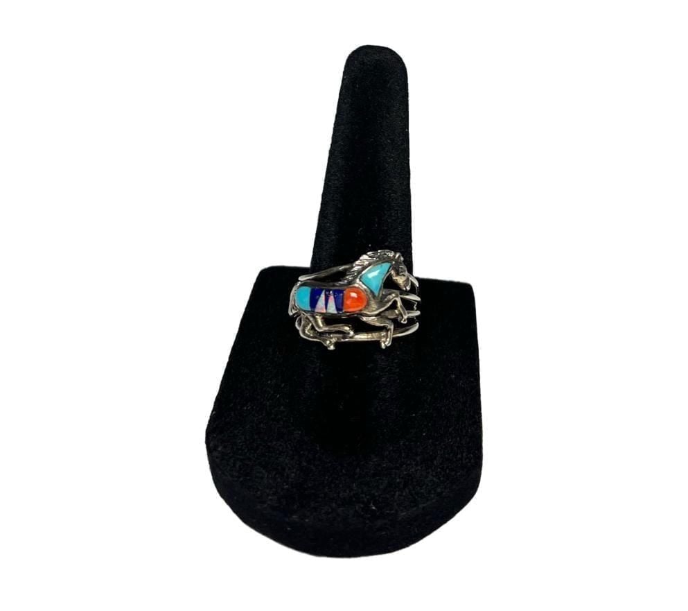 Vintage Southwestern Sterling Silver Multi-Stone Inlay Horse Ring  7 8