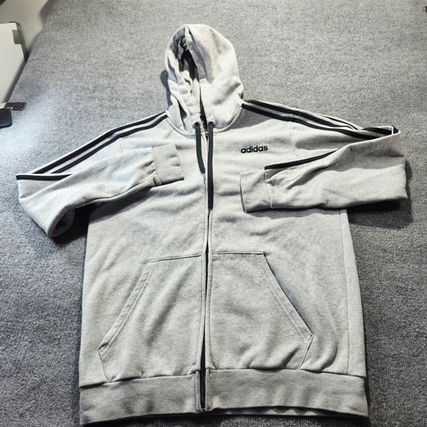 adidas Essentials Fleece 3-Stripes Full-Zip Hoodie - Grey Large 