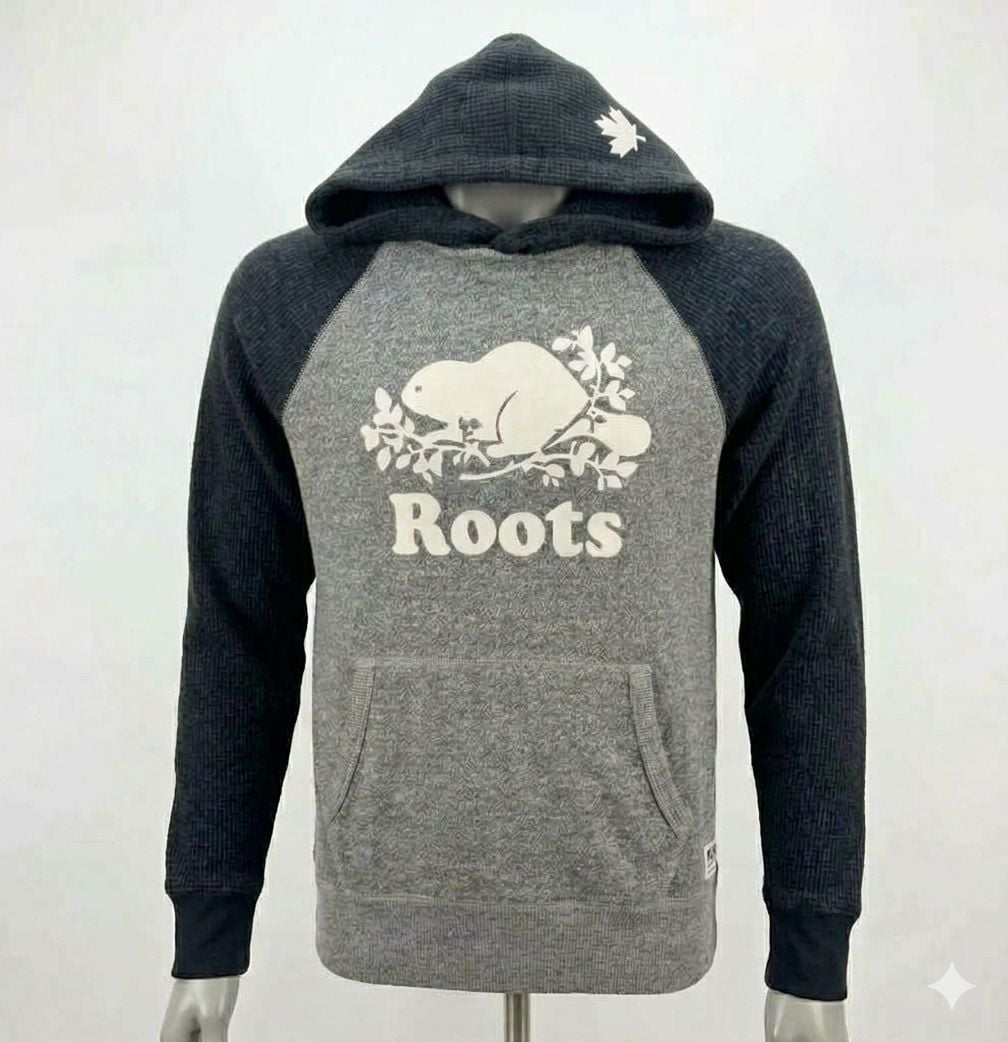 Roots Canada Salt and Pepper Contrast Kanga Hoodie with Beaver Logo 2