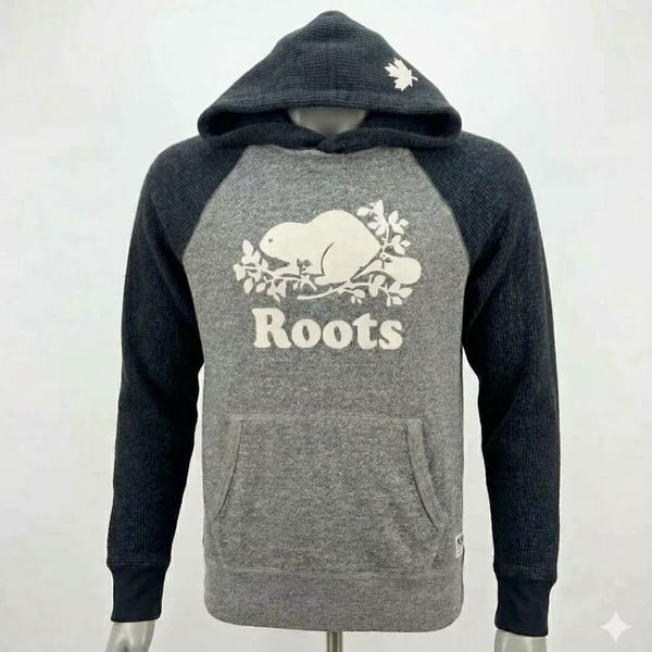 Roots Canada Salt and Pepper Contrast Kanga Hoodie with Beaver Logo