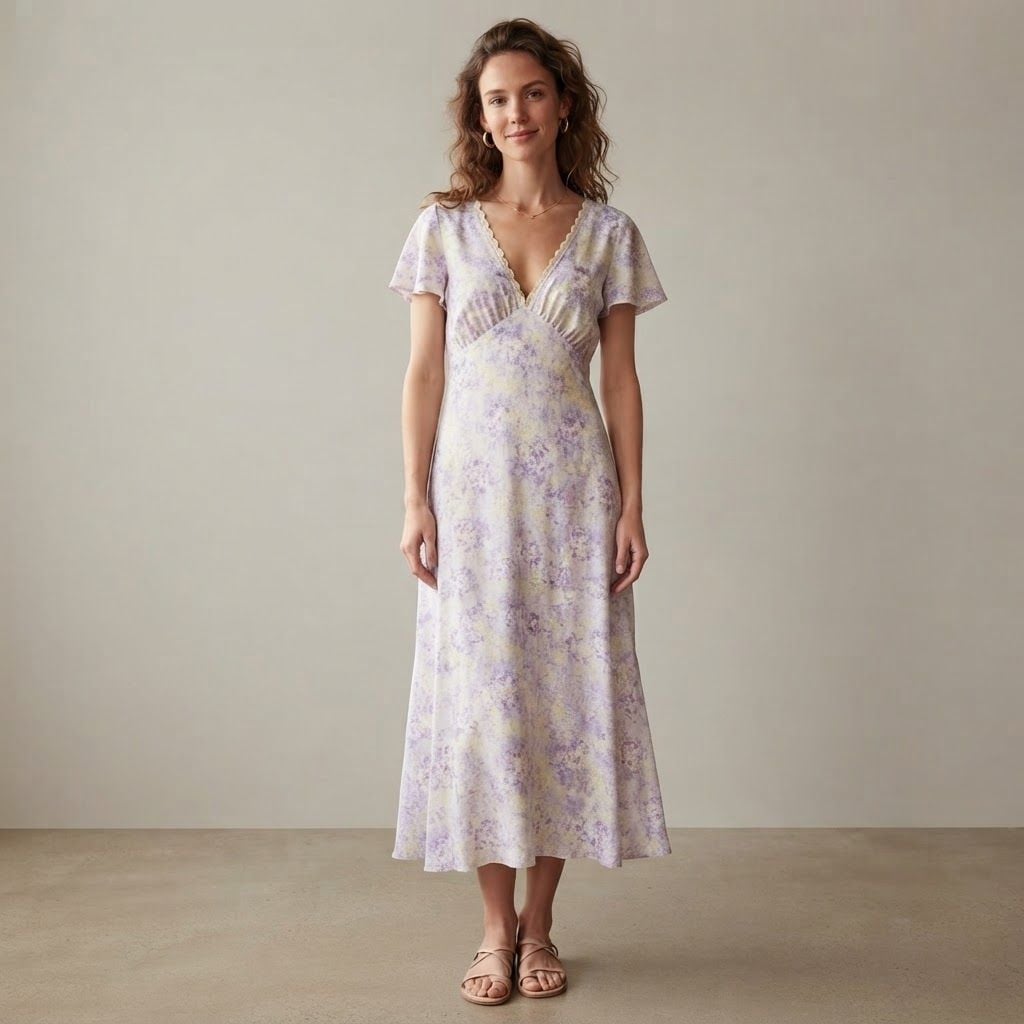 Storia Fairy Romantic Floral Midi Dress Purple Lace Tie Back 2