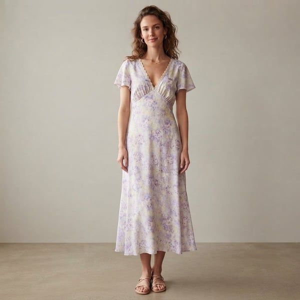 Storia Fairy Romantic Floral Midi Dress Purple Lace Tie Back 