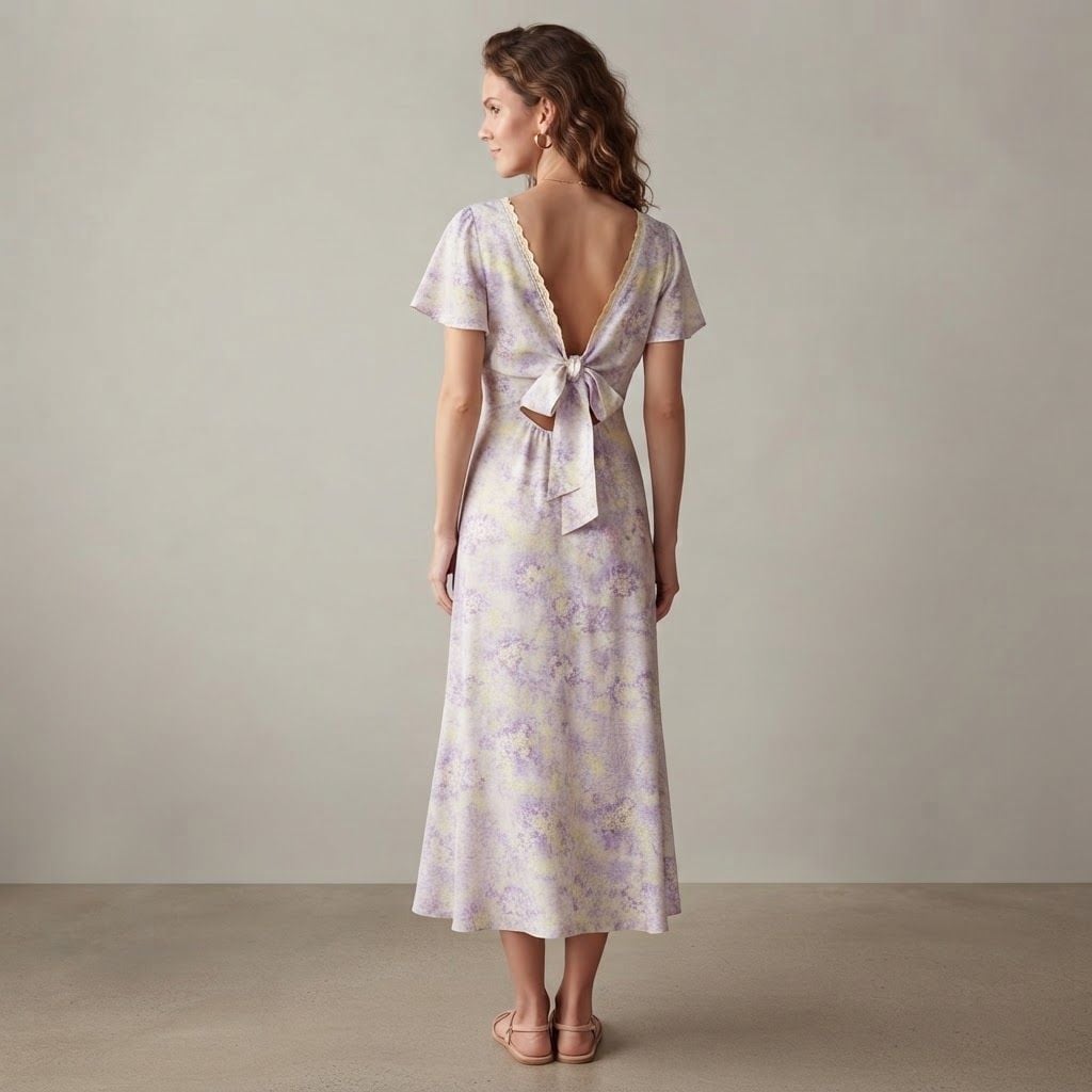Storia Fairy Romantic Floral Midi Dress Purple Lace Tie Back 3
