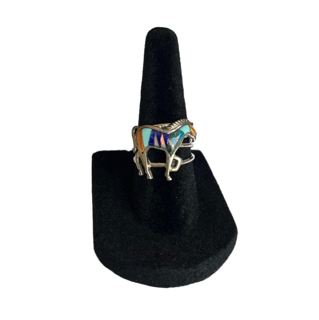Vintage Southwestern Sterling Silver Multigem Inlay Horse Ring 5.5 9