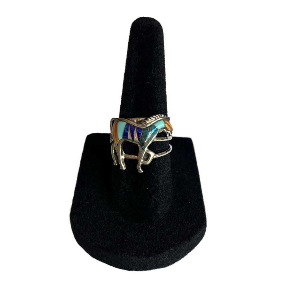 Vintage Southwestern Sterling Silver Multigem Inlay Horse Ring 5.5 3