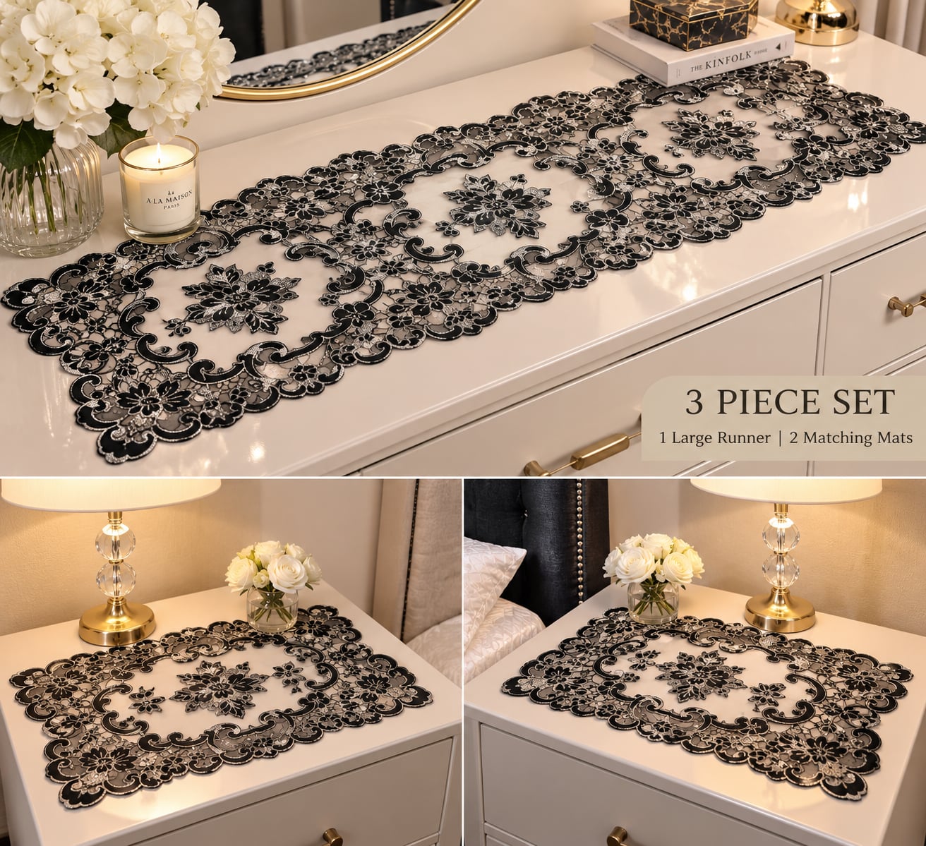 3 Piece Black and Silver Lace Table Runner and Matching Mats Set 1