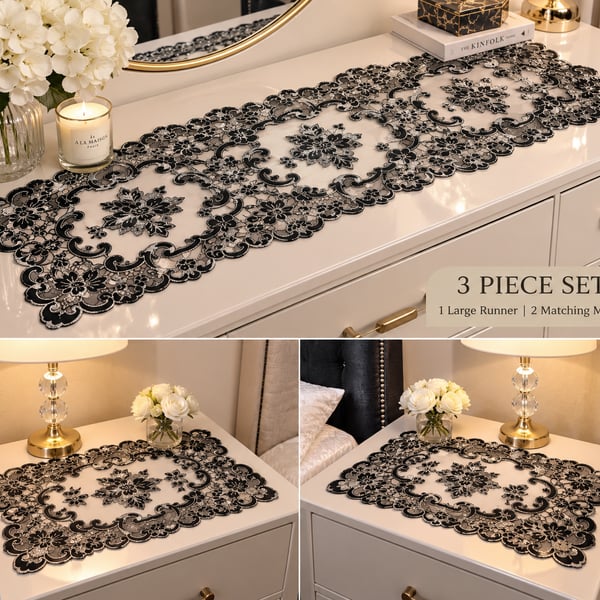 3 Piece Black and Silver Lace Table Runner and Matching Mats Set
