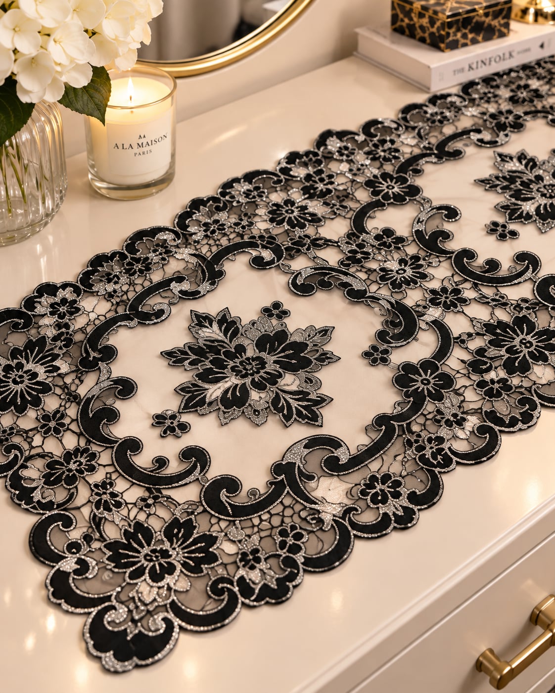 3 Piece Black and Silver Lace Table Runner and Matching Mats Set 2