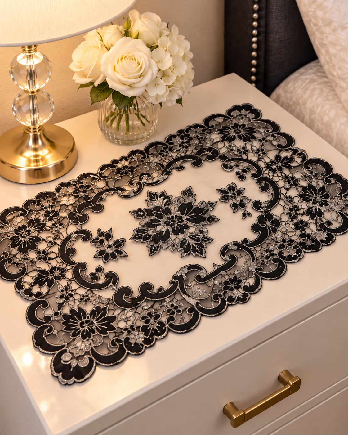 3 Piece Black and Silver Lace Table Runner and Matching Mats Set 3