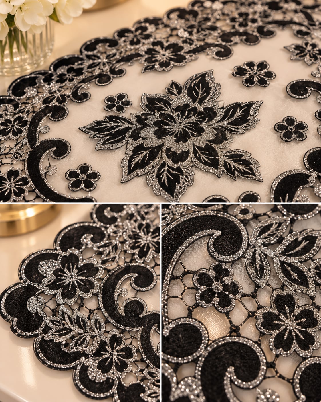 3 Piece Black and Silver Lace Table Runner and Matching Mats Set 4
