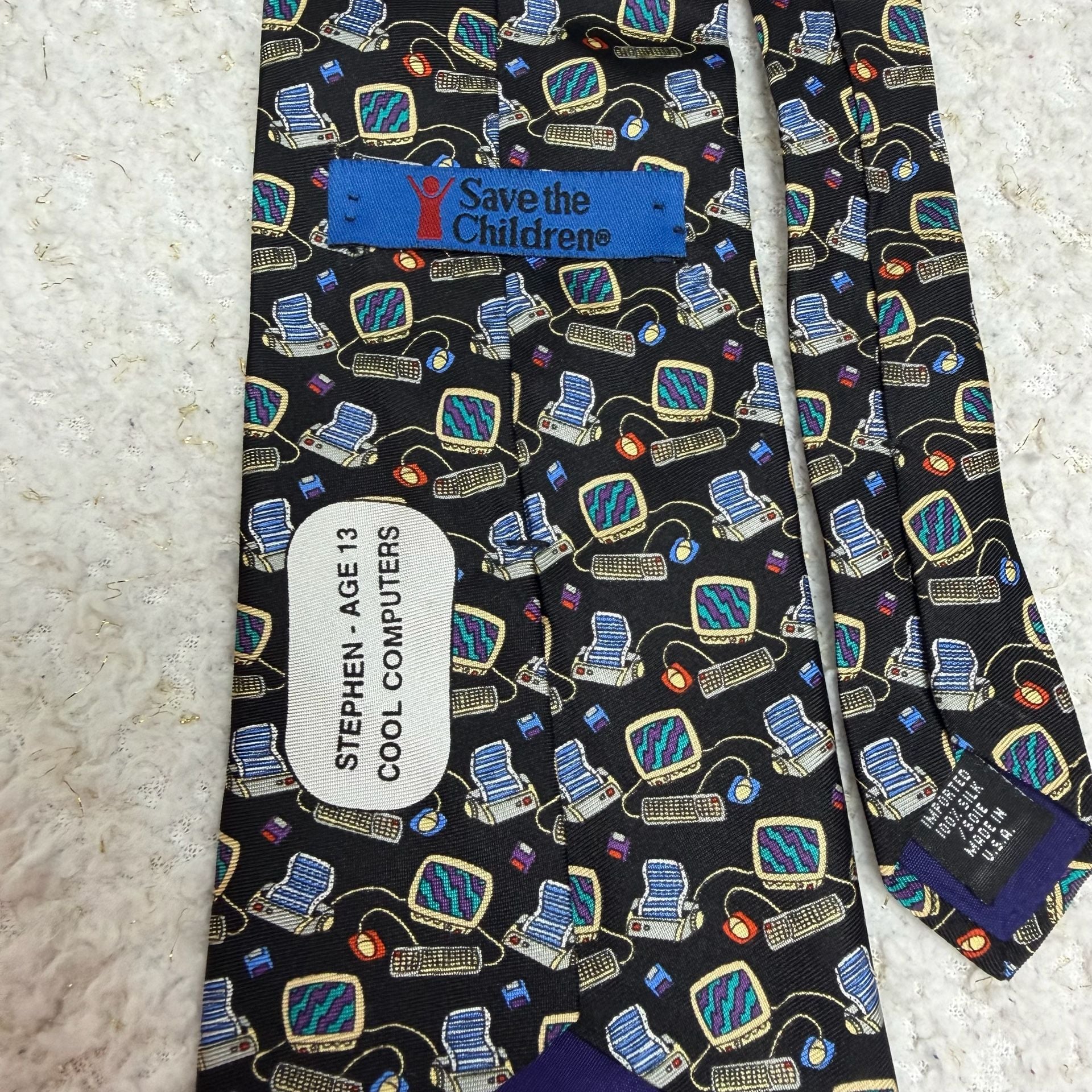 Save the Children Silk Necktie Black Computer Theme 100% Silk 2