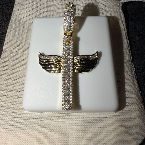 Unbranded Gold Plated Iced CZ Angel Wings Cross Pendant 2 Inch
