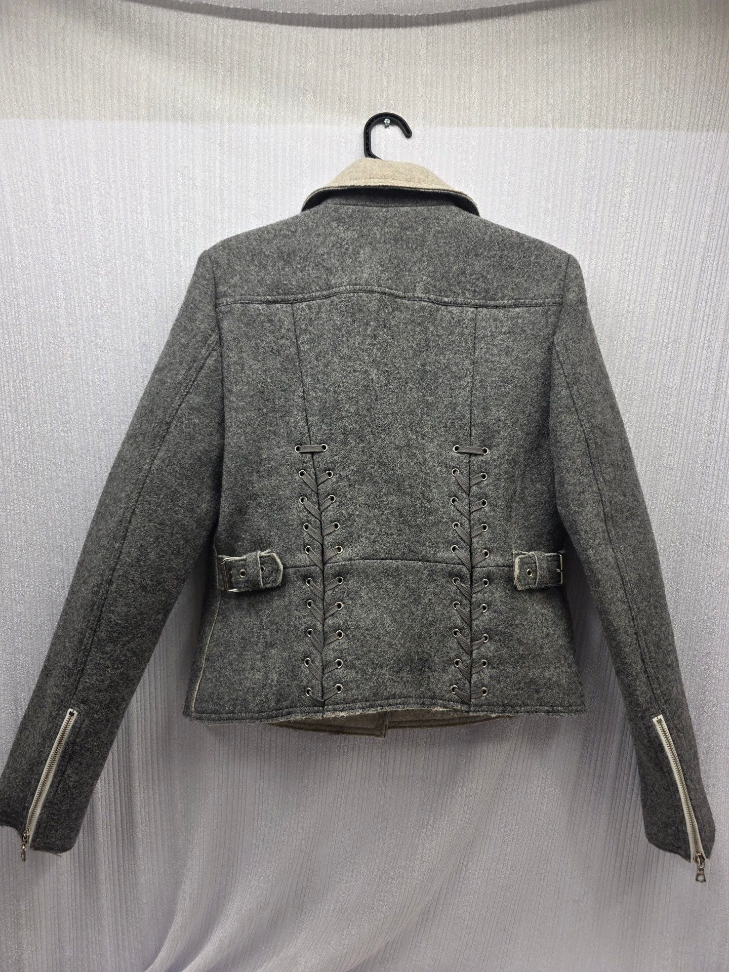 VANESSA BRUNO JACKET grey wool flannel lace up back fr40 UK12 3