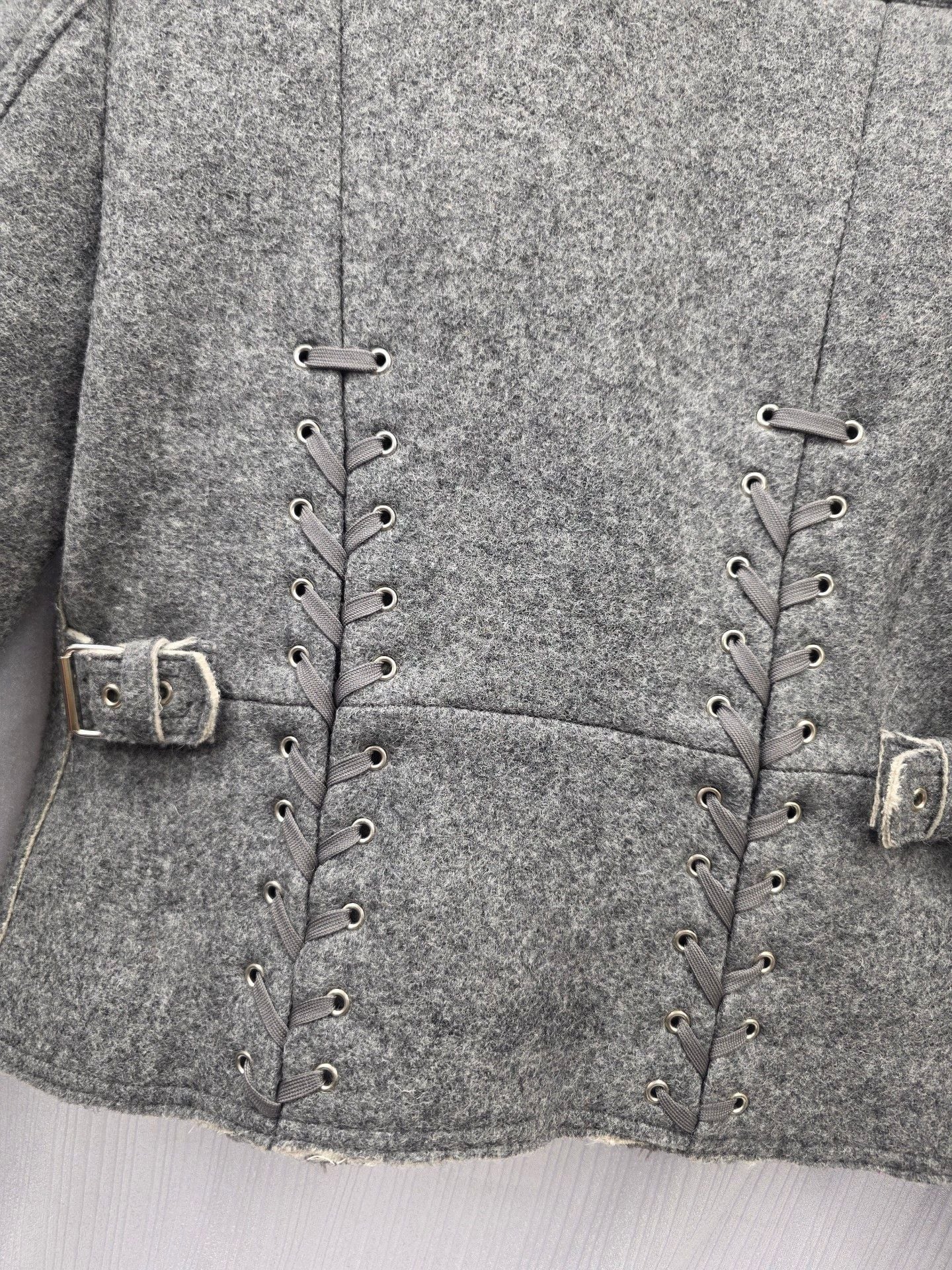 VANESSA BRUNO JACKET grey wool flannel lace up back fr40 UK12 15