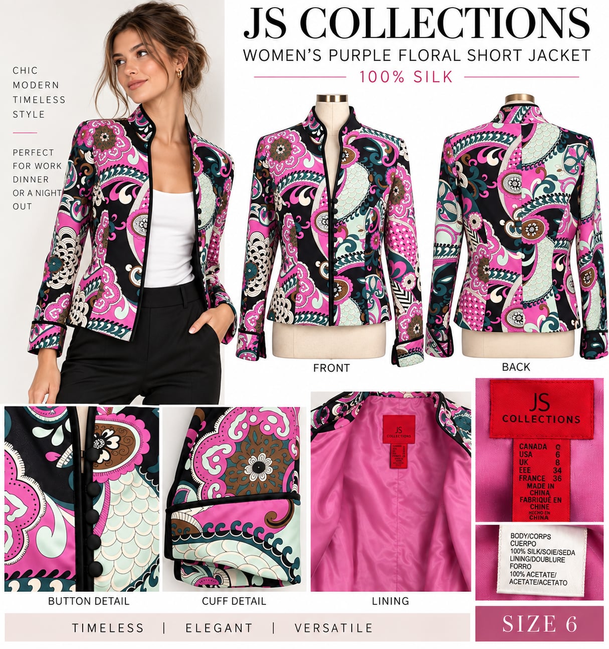 JS Collections Floral Silk Jacket Size 6 2