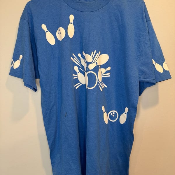 Vintage Bowling Graphic T-Shirt Blue Single Stitch