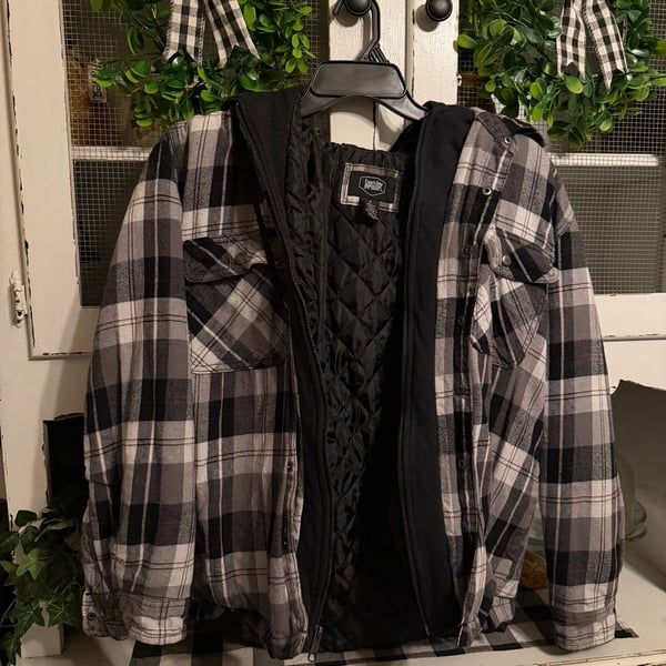 Berkley Jensen Hooded Flannel Jacket Size M Black White Plaid Quilted