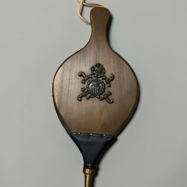 Vintage Wooden Leather Brass Fireplace Bellows Coat Of Arms