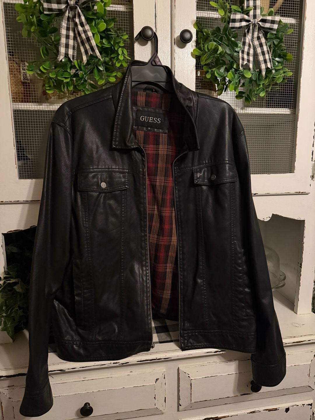 Guess Faux Leather Jacket Size XL Black Plaid Lined 2