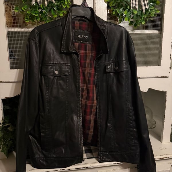 Guess Faux Leather Jacket Size XL Black Plaid Lined