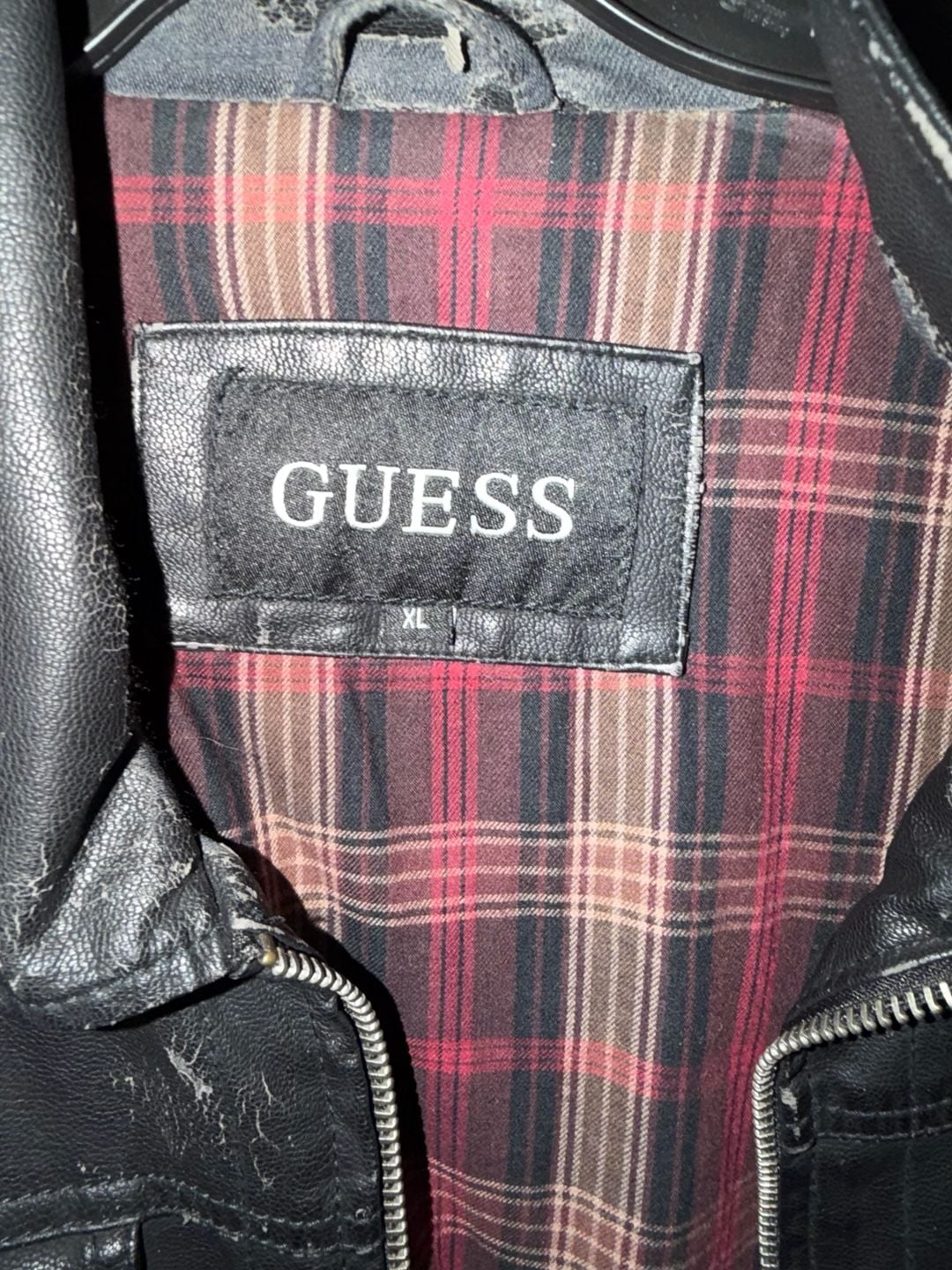 Guess Faux Leather Jacket Size XL Black Plaid Lined 4