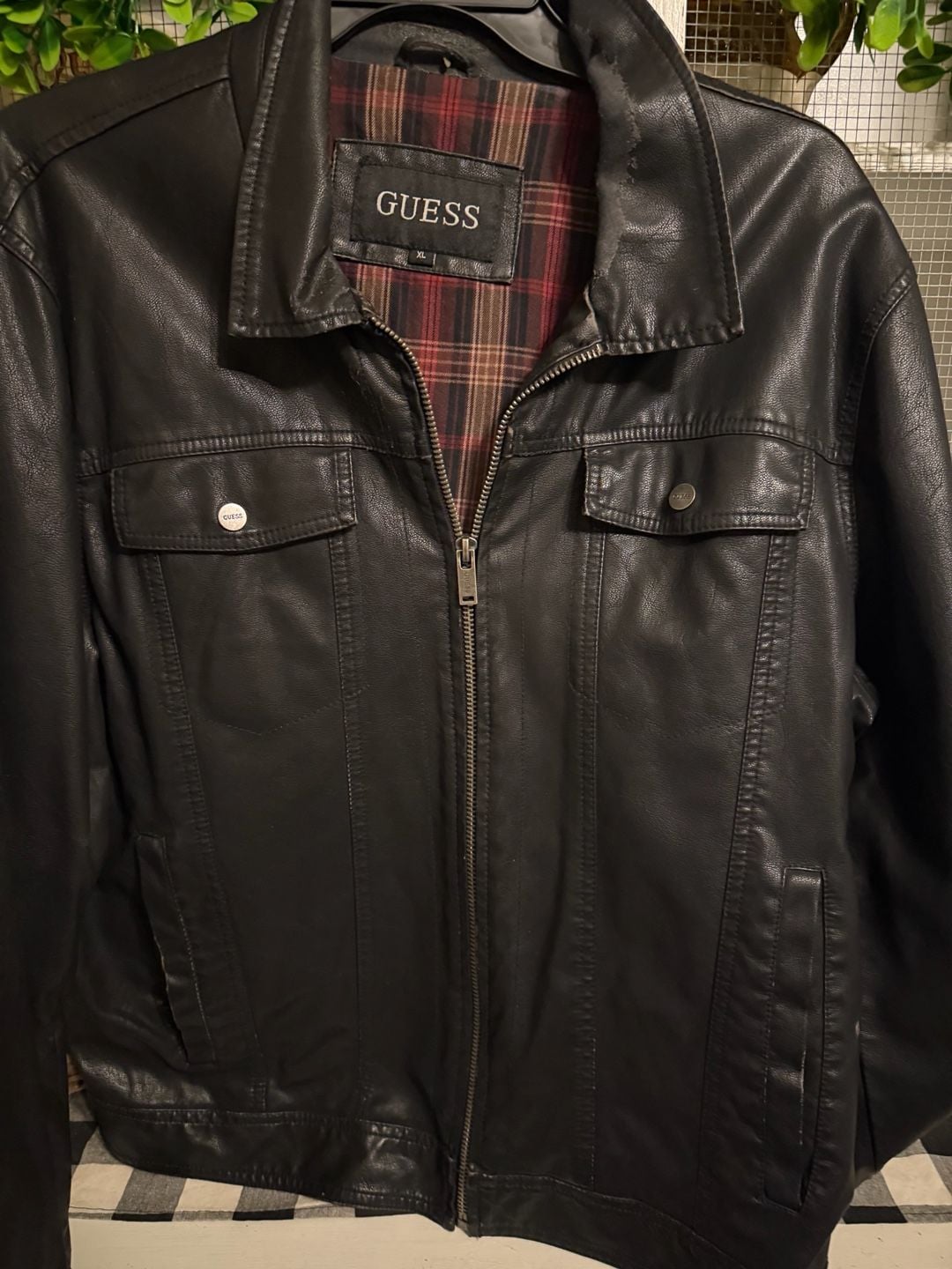 Guess Faux Leather Jacket Size XL Black Plaid Lined 10