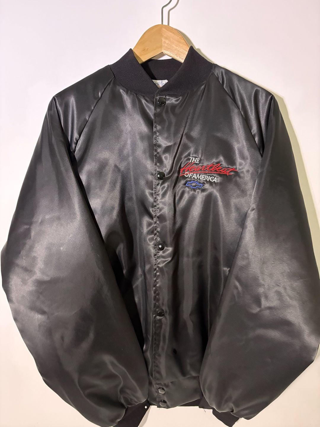 Vintage Chevrolet Satin Jacket Size L Heartbeat Of America Black 2
