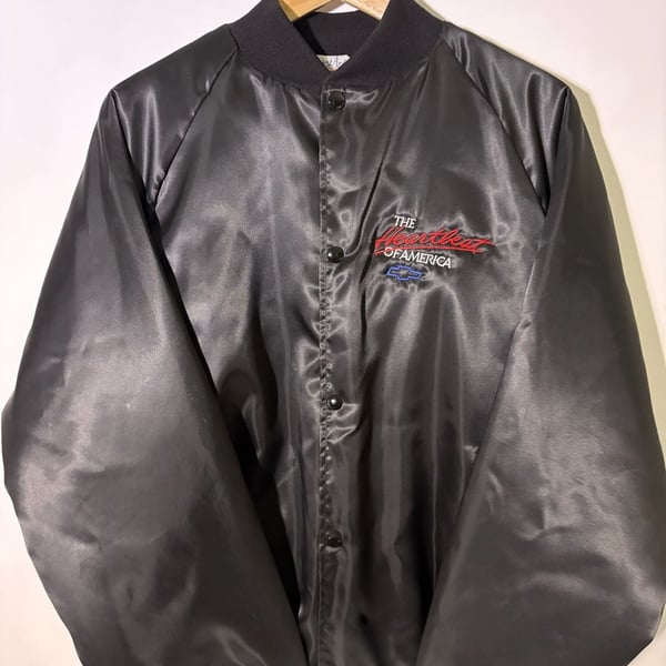Vintage  Chevrolet Satin Jacket Size L Heartbeat Of America Black