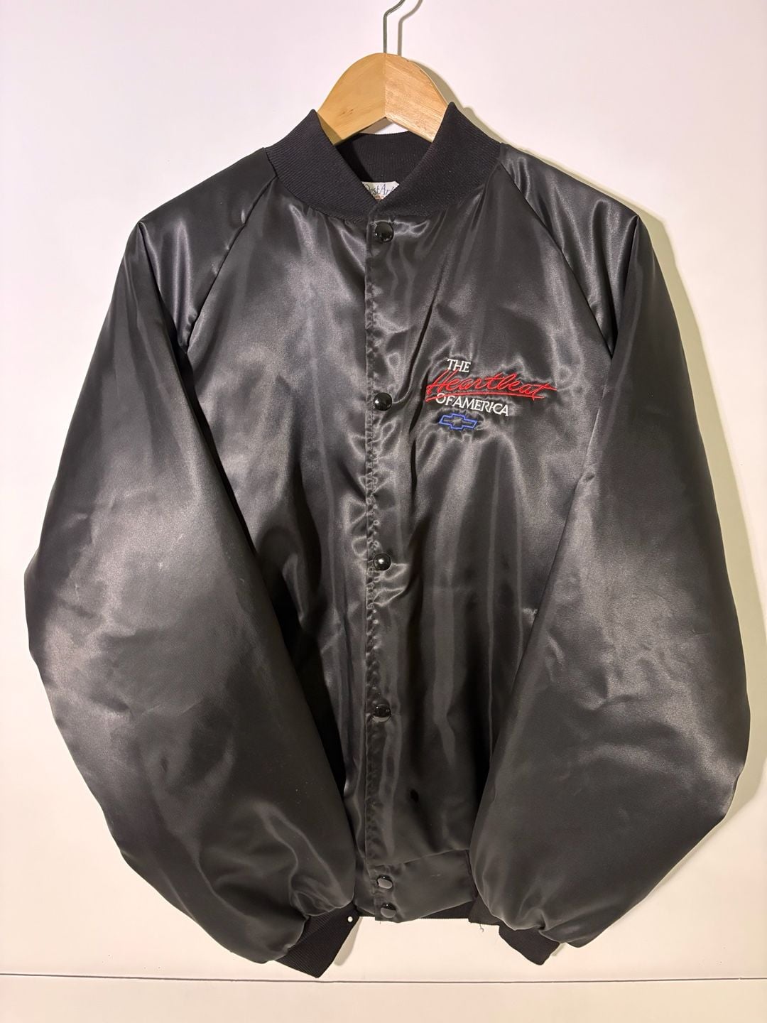 Vintage Chevrolet Satin Jacket Size L Heartbeat Of America Black 3