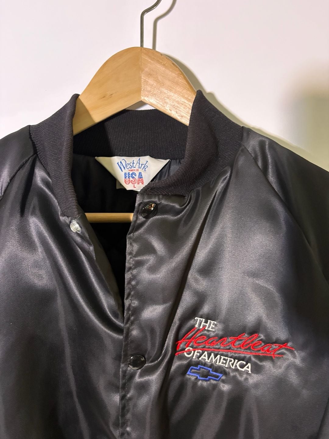 Vintage Chevrolet Satin Jacket Size L Heartbeat Of America Black 4