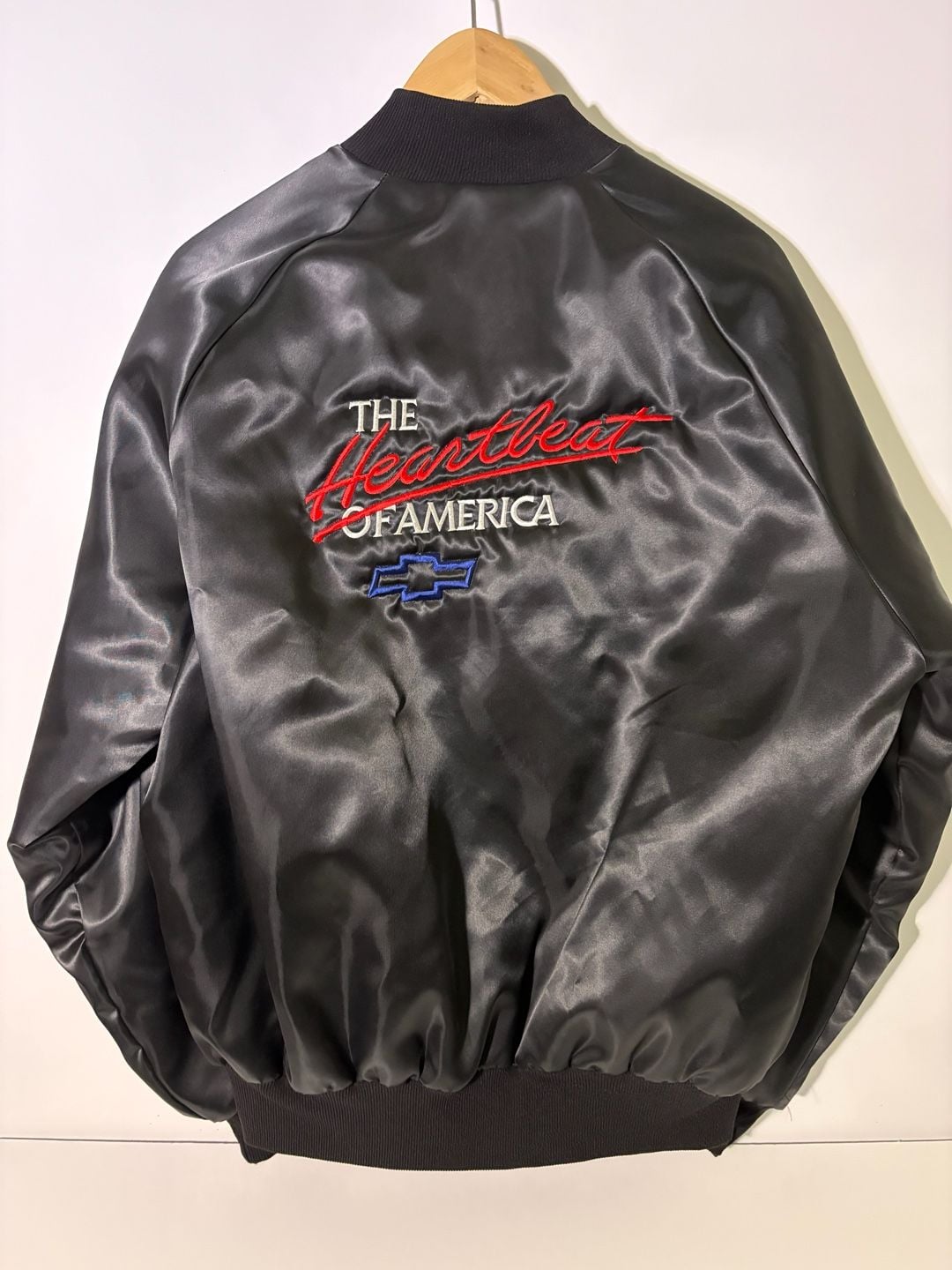 Vintage Chevrolet Satin Jacket Size L Heartbeat Of America Black 5