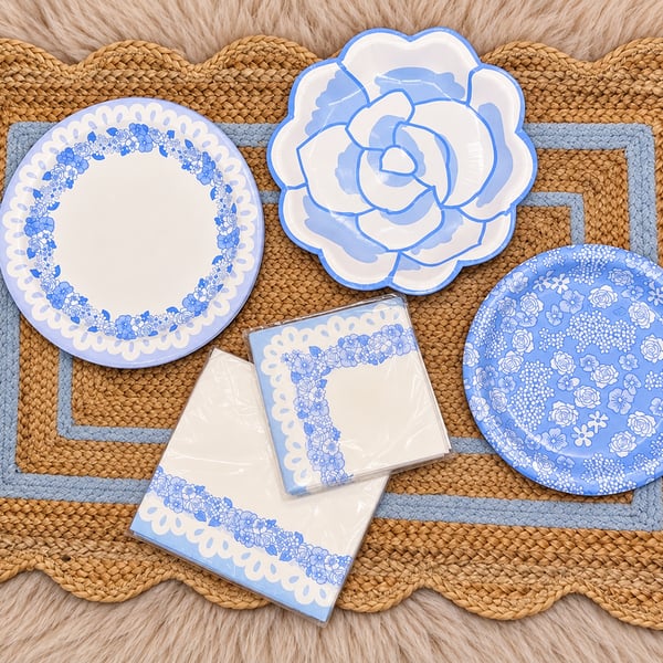 Blue Floral Party Tableware Set + Woven Rug – 49 Pieces