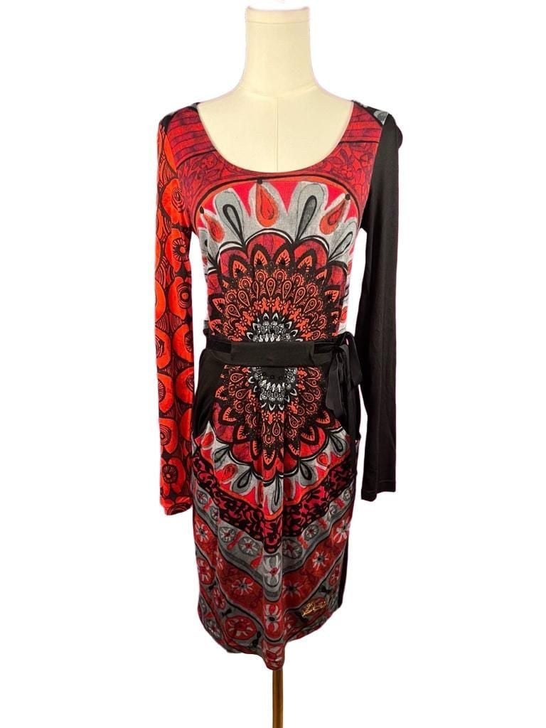 Desigual Red Black Abstract Floral Print Belted Midi Dress Long Sleeve Size S 2