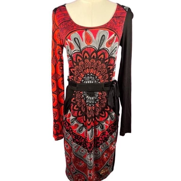 Desigual Red Black Abstract Floral Print Belted Midi Dress Long Sleeve Size S