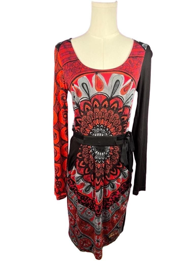 Desigual Red Black Abstract Floral Print Belted Midi Dress Long Sleeve Size S 3