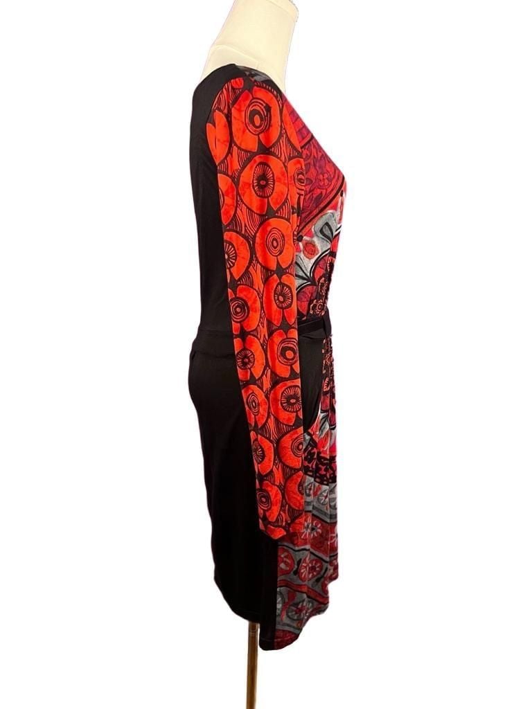 Desigual Red Black Abstract Floral Print Belted Midi Dress Long Sleeve Size S 4